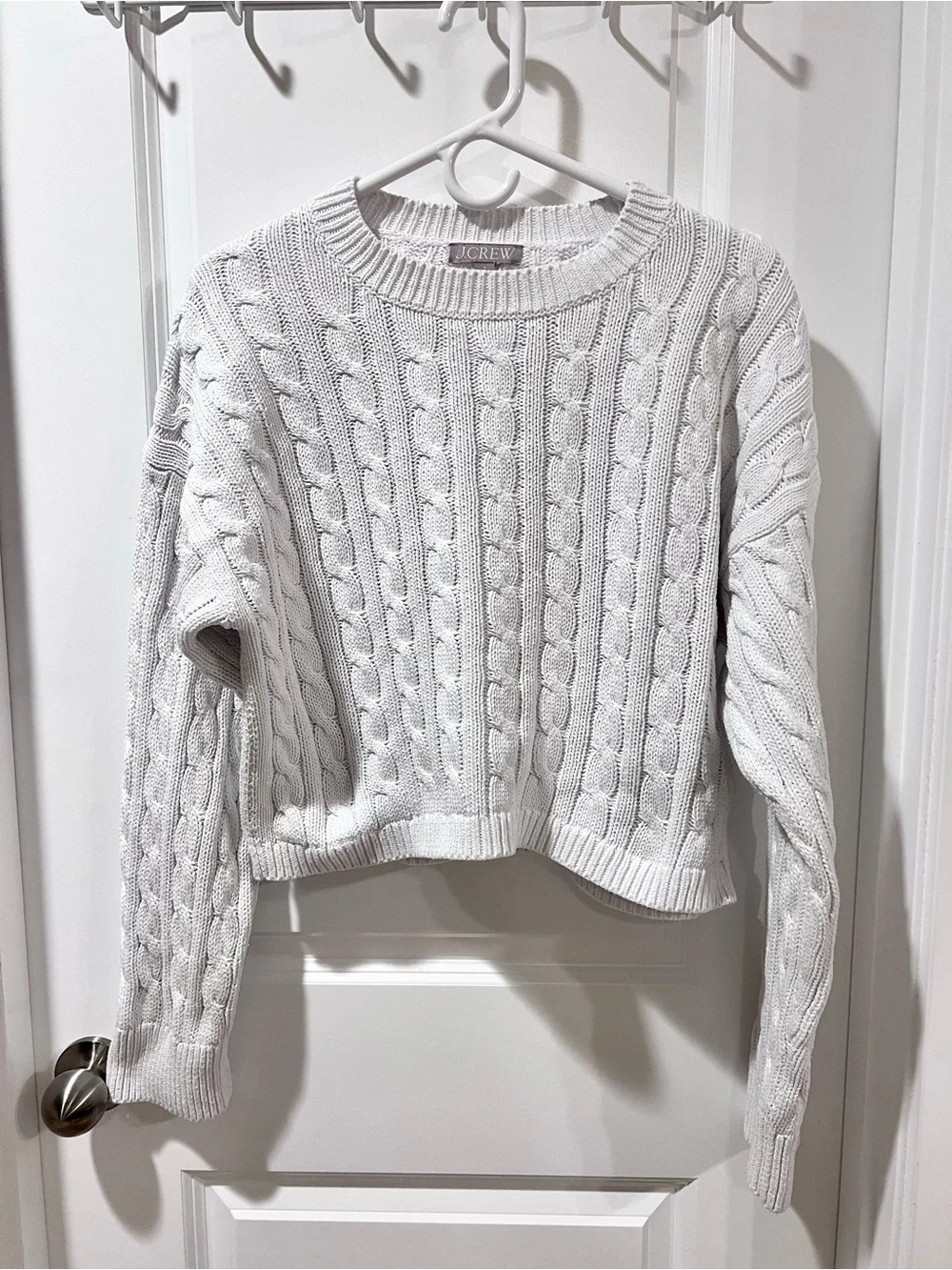 J. Crew Cropped White Cable Knit Crewneck Sweater Ribbed Small
